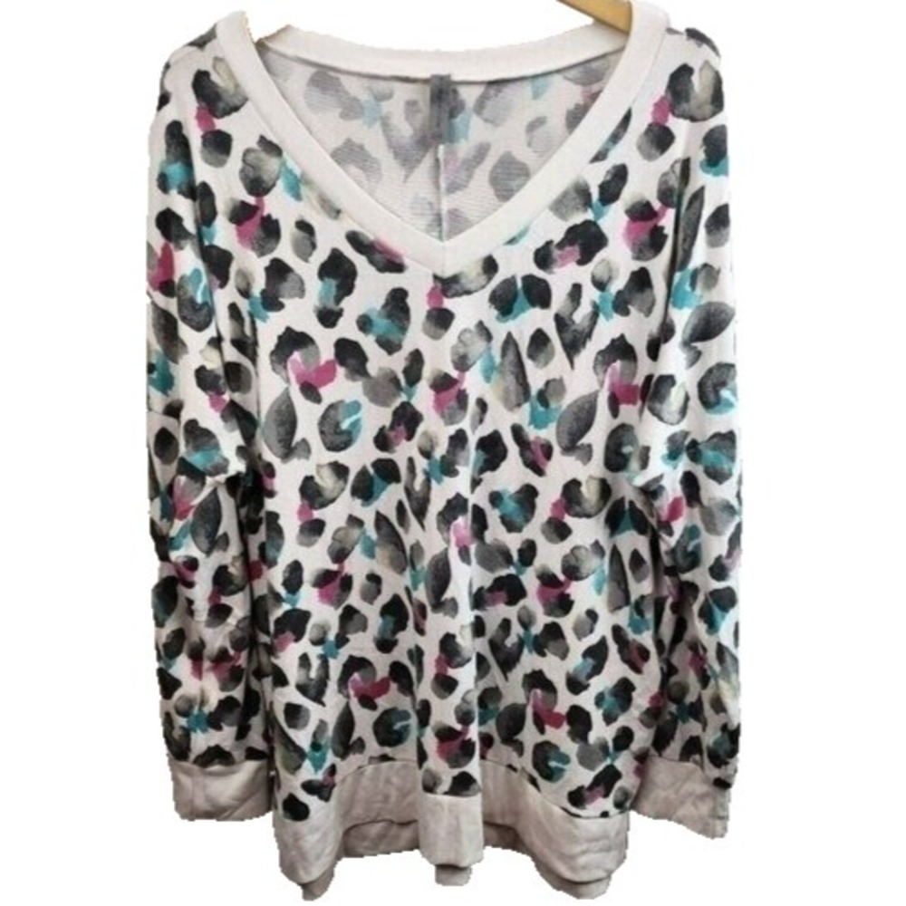 HONEYME Curvy Womens BOHO Brushed Knit Top Size XXXL Leopard Print Relaxed Fit